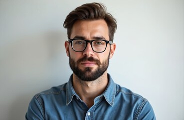 Obraz premium Close-up of adult caucasian man with beard and eyeglasses looks at camera. Serious guy with beard, unshaved wearing casual denim shirt posing near white wall. Confident male portrait.