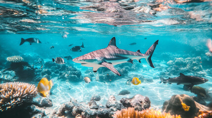 Fototapeta premium Vector seamless pattern of sharks and fish. Chaotic sharks and fish. eps 10.