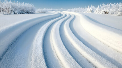 Obraz premium Snowmobile tracks curve across snowy field, winter landscape