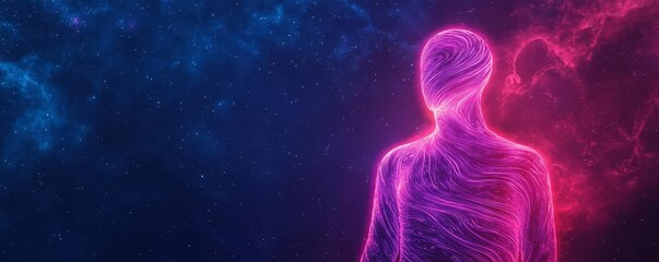 Neon-glowing entity, body composed of swirling liquid light, deep space background