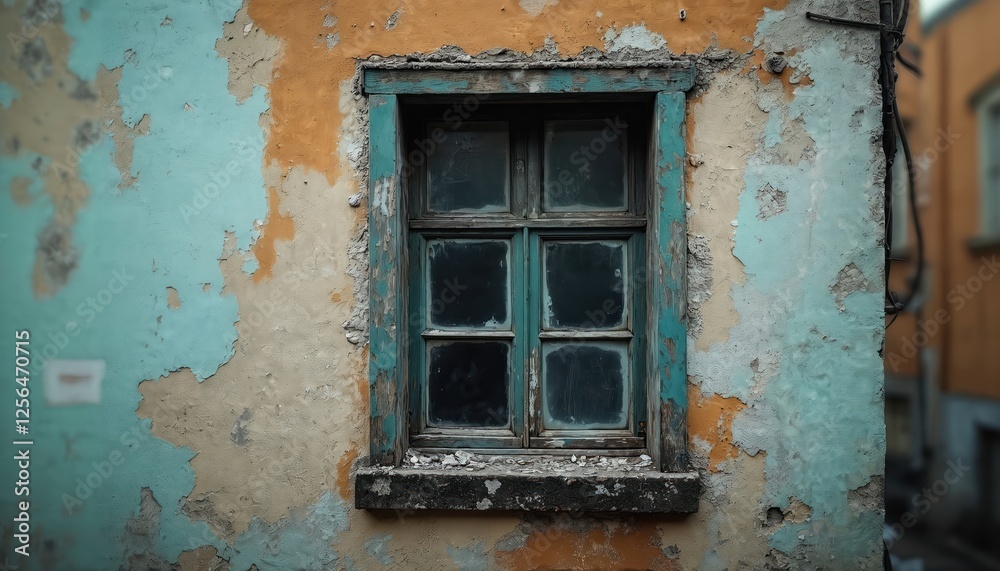 Aufkleber Weathered building with single window with peeling blue paint. Old facade wall texture in grunge style. Dilapidated building evokes abandoned mood. Rustic architectural element with retro vintage