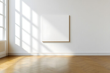 Fototapeta premium Minimalist interior with a white canvas on the wall, illuminated by sunlight streaming through a window, creating a bright and airy atmosphere.