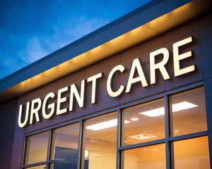 A close-up view of an illuminated urgent care facility sign during the evening, symbolizing healthcare services and medical emergency care.