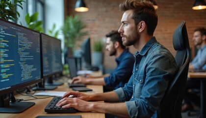 Software engineers team typing source code on computer keyboard at desk for group project. App developers work in it startup company doing online cloud computing development.