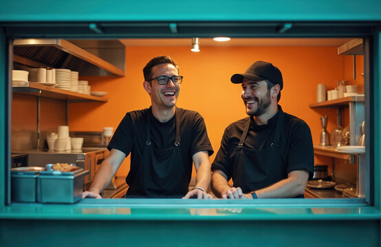 Two smiling chefs inside food truck. They are cooks, owners in black uniform at kitchen working, preparing order. Happy men at work, having fun in catering business.
