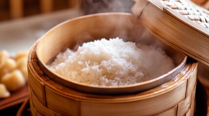 Close-up of rice in a steamer basket with bamboo. Featuring the steaming process and bamboo texture. Emphasizing the traditional cooking method. Ideal for cooking techniques and cultural content.