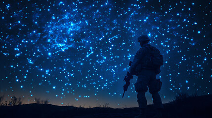 Naklejka premium Soldier. A grid of blue stars in the night sky. Glowing dots create the shape of a soldier with a weapon. War, army, machine gun and other concept illustration or background