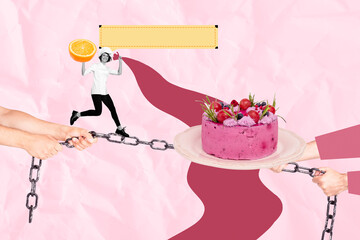 3D photo collage template trend artwork of delicious restaurant feeding diet calories hand hold iron chain young lady chef run cake sweet