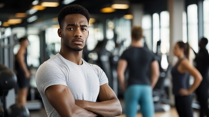 Annoyed gym-goer dealing with overcrowded facilities. Featuring a fitness center with limited equipment availability