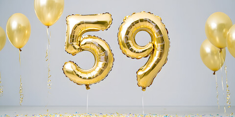 Golden Balloons Celebrating 59th Anniversary or Birthday: Festive number balloons and confetti, perfect for party decorations and celebratory events.