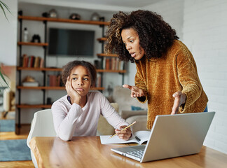 mother child home family homework daughter teenage parent education arguing bored tired refusing...