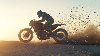 Fototapeta premium The bike consists of dots and circles. Racer rides. Motorcycle the wind blows away particles. Vector illustration