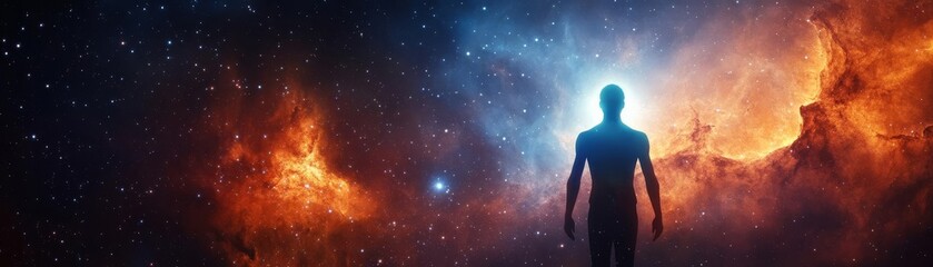 Fototapeta premium Starlit figure glowing with cosmic energy, floating in a galaxy of nebulae