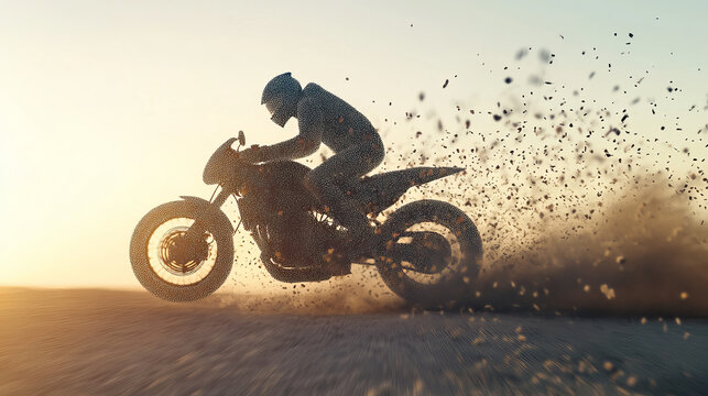 The bike consists of dots and circles. Racer rides. Motorcycle the wind blows away particles. Vector illustration