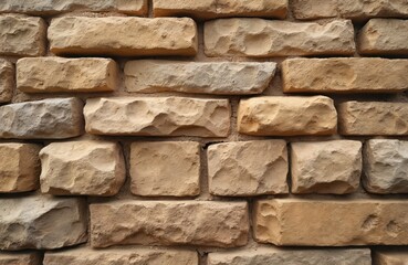 Close-up on aged brick wall made of sandstone. Archaeological excavations, history concept. Ancient architecture, built structure with rough textured surface of beige stone blocks. Marble