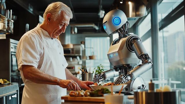 A talented chef collaborates with a humanoid robot in a modern kitchen