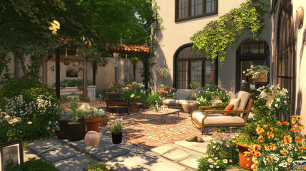 Naklejka premium These real estate photos highlight a stunning backyard, featuring lush landscaping, vibrant gardens, and a spacious patio area. The outdoor space offers a perfect setting for relaxation and entertaini