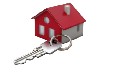 A close-up view of a red house model with a key, symbolizing home ownership and real estate investment