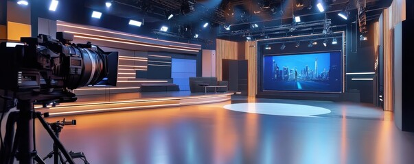 Modern tv studio with lighting equipment and cityscape background