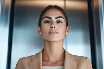 Fototapeta premium Confident young hispanic female professional in elevator