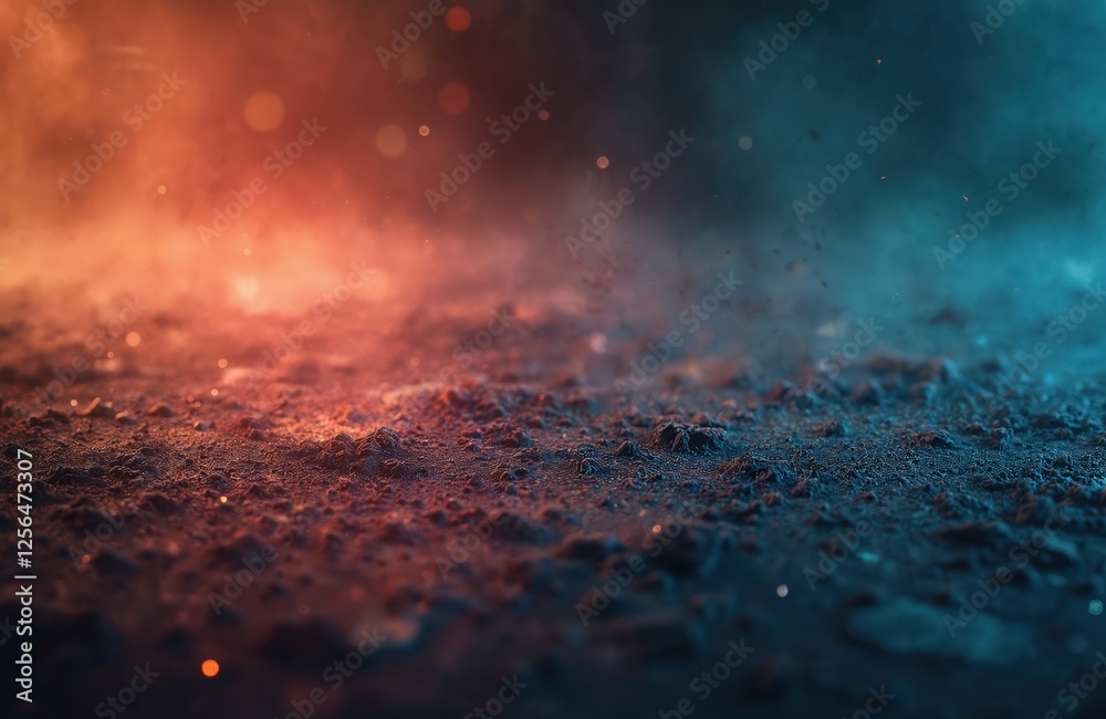 Fototapete abstract background with dark distressed surface, stains, particles. red and blue colorful lights de