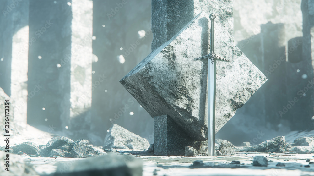 Wall mural a hologram of a sword in stone. a sword stuck in a stone made of polygons, triangles of dots and lin