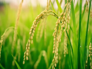 Close-up of rice plants in a field. Featuring green stalks and developing grains. Highlighting growth and agriculture. Ideal for farming and nature content.