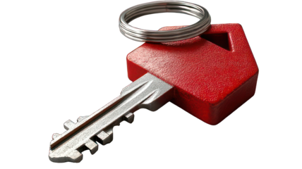 Close-up of a red house-shaped key on a keyring, symbolizing home ownership, with a blurred background
