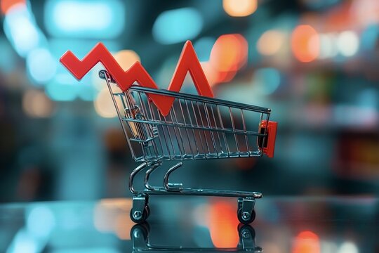 Miniature shopping cart with a red arrow pointing down symbolizing the concept of decreasing sales in supermarket or any other retail store, with blurred background