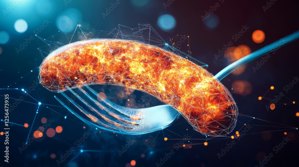 Poster a hologram of a sausage. sausage on a fork made of polygons, triangles of dots and lines. sausage ic