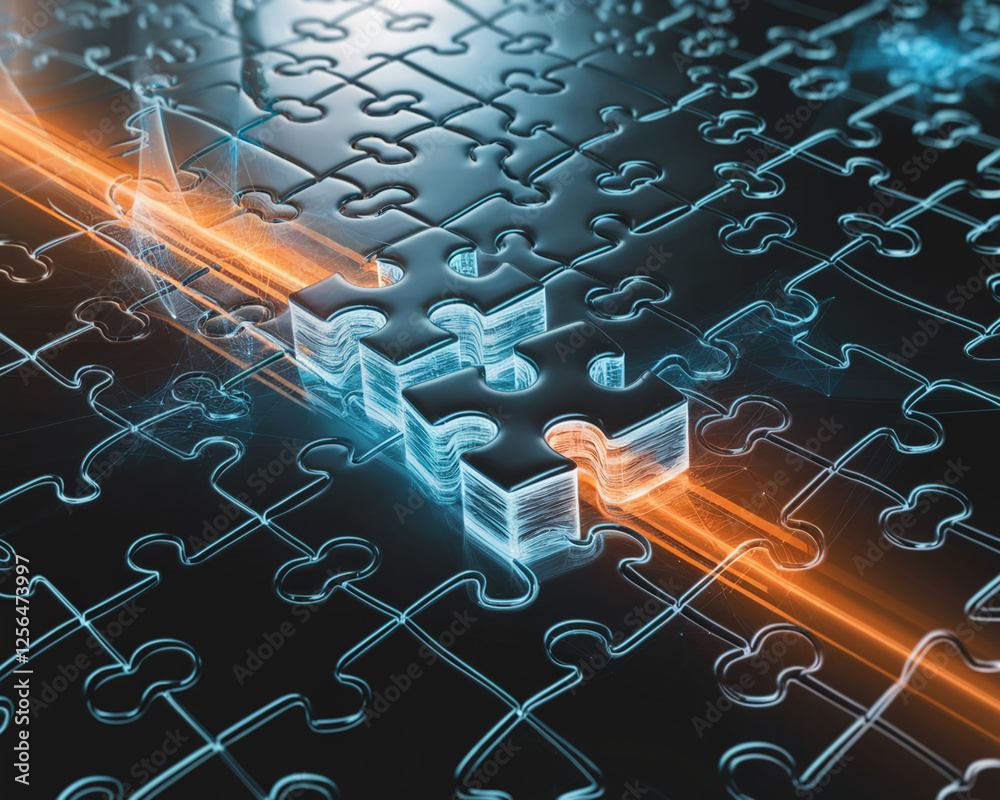 Poster close-up of a glowing puzzle piece slotting into place, symbolizing problem-solving, connection, and