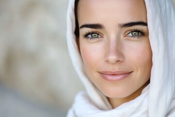 Caucasian young female with headscarf smiling close-up portrait