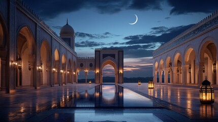 Stunning Architectural View of a Grand Mosque at Night Featuring Lanterns Reflecting on Water with a Crescent Moon in the Sky, Perfect for Eid Mubarak and Ramadan Kareem Celebration with Copy Space