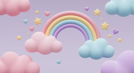 A whimsical 3d cartoon illustration of fluffy pastel clouds in soft pink, blue and purple tones
