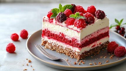   A cake sits atop a plate with raspberries and mint leaves adorning the top