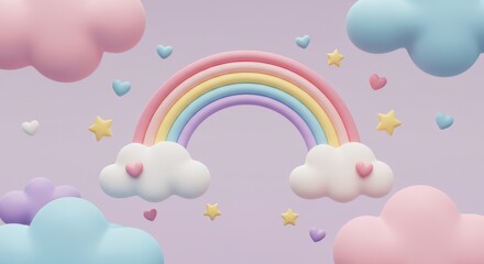 A whimsical 3d cartoon illustration of fluffy pastel clouds in soft pink, blue and purple tones