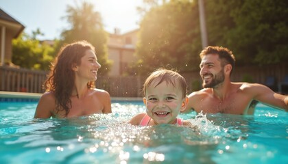 Happy family bathes in bright pool under sunny sky. Mother, father and daughter smile, laugh,...