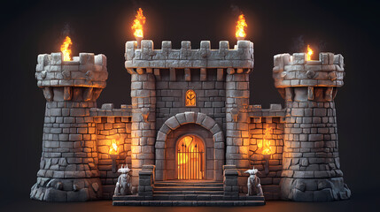 Castle with torches, fantasy product display. Gargoyle Kingdoms. Illustration