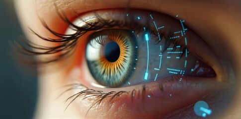 Macro of eye with retina scan, vision recognition system, checking user identification. Biometric futuristic technology for secure access, verification. Iris scan closeup modern smart graphic concept