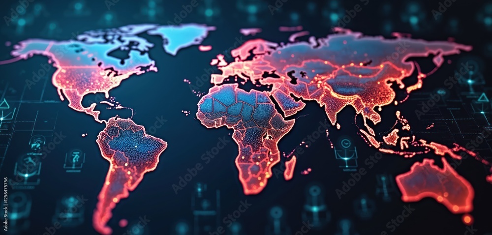 Aufkleber Global cybersecurity threat analysis worldwide infographic. Digital environment data visualization with aerial view of map. Worldwide network tech information security monitoring system for trend