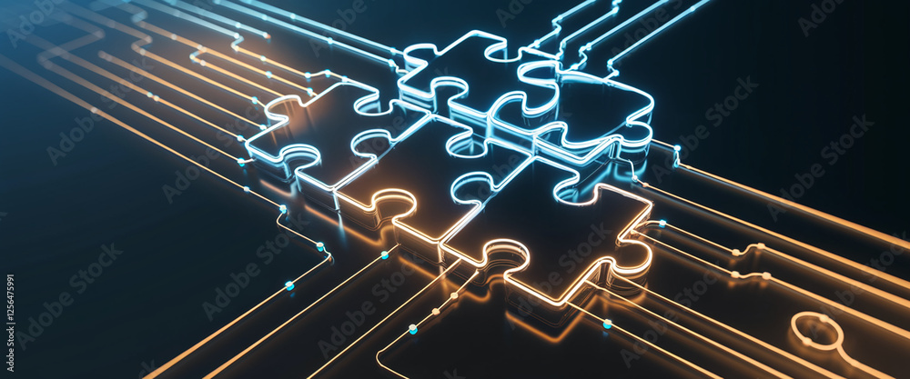 Poster A high-tech digital visual featuring interconnected glowing puzzle pieces, symbolizing integration, technology, and seamless data connections in modern systems.