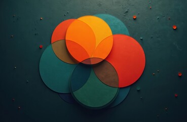 Visual abstract representation of Ikigai concept with colorful overlapping circles, red, orange, green, brown, turquoise. Harmony of purpose, passion in life or career diagram. Wellbeing, motivation.