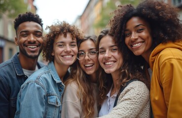 Multicultural friends take selfie. Young multiracial people celebrate together, laugh outdoor on city street. Group portrait conveys happy lifestyle, friendship and unity in diverse community.