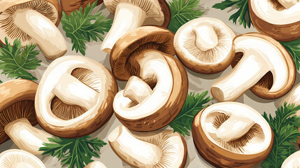 Fresh white and brown mushrooms sliced for cooking, showcasing healthy and organic fungi from the forest. Gargoyle Kingdoms. Illustration