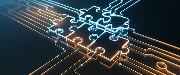 A high-tech digital visual featuring interconnected glowing puzzle pieces, symbolizing integration, technology, and seamless data connections in modern systems.