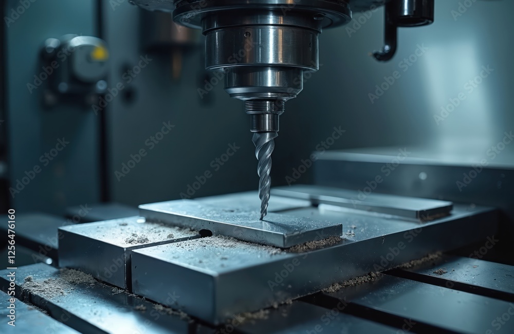 Poster NC milling machine drills metal part. Flat drill tools used for shop floor operation. Precise metalworking, factory production, engineering process with solid steel material.