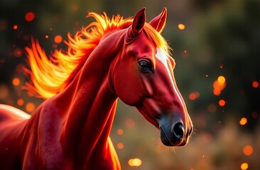Close-up portrait of a fiery horse. The glow of fiery sparks. Blurred background.