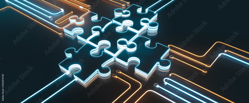 Poster High-tech visual of glowing puzzle pieces connected by digital lines, symbolizing innovation, integration, and digital connection within technology and data-driven solutions.