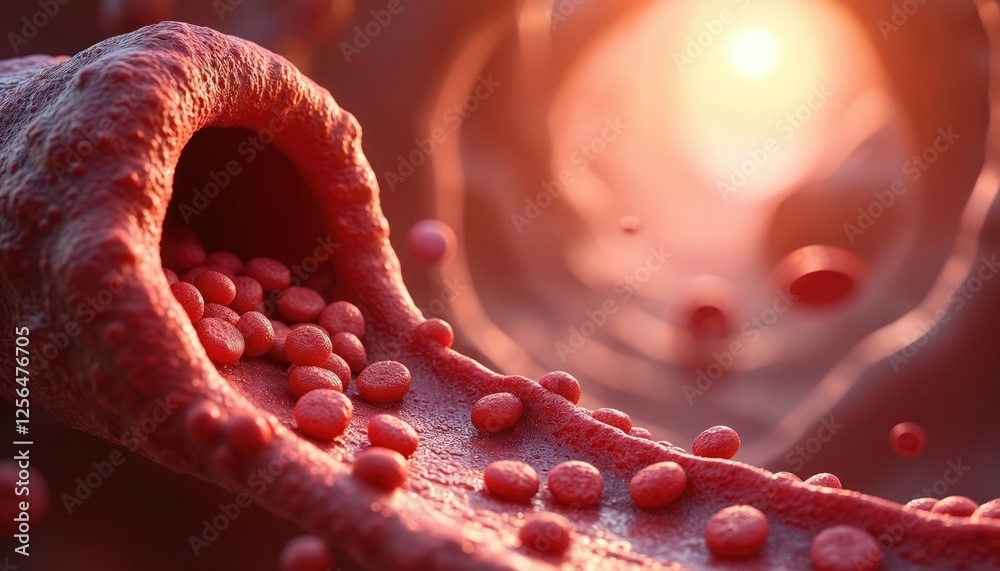 Poster illustration shows red blood cells flowing inside vein. microscopic view of bloodstream with cells a