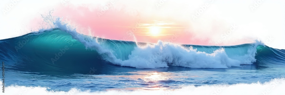 Aufkleber Blue, turquoise ocean wave illustration with pink sunset sky. Water texture graphic resource with transparent background for summer banner header nature design element art. Liquid swirl motion on